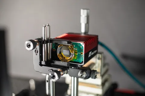 Up-close view of optical computing chip mounted in a camera stand
