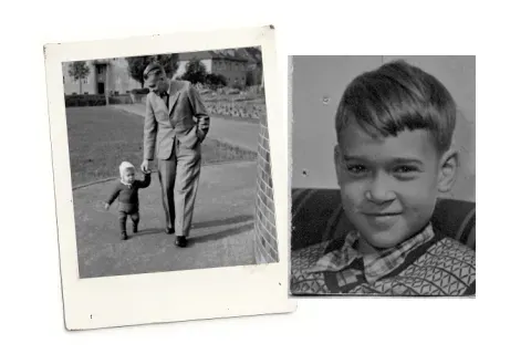 A vintage collage of two black and white photographs: a man with a child and a portrait of a young boy.